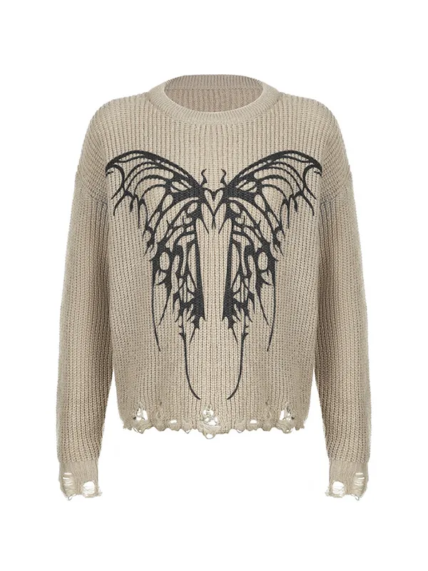 Suéter con diseño andrajoso de jacquard de mariposa