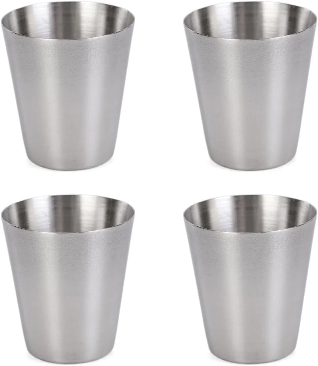 Vdaxvme Paquete de 4 vasos de chupito de acero inoxidable apilables para acampar y actividades al aire libre con piel sintética