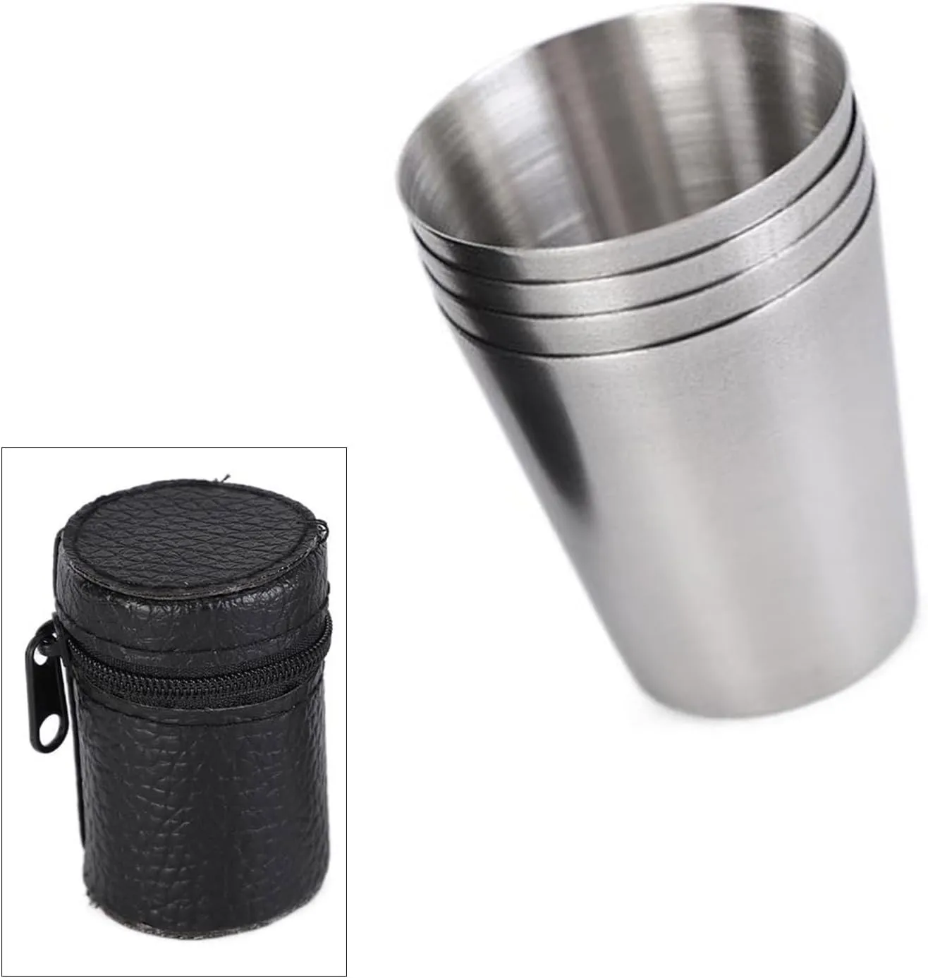 Vdaxvme Paquete de 4 vasos de chupito de acero inoxidable apilables para acampar y actividades al aire libre con piel sintética