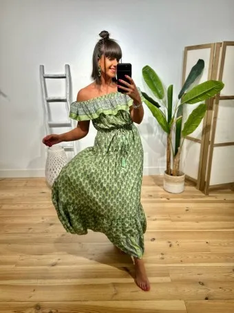 Vestido Bardot Estampado RHOUTTE Verde
