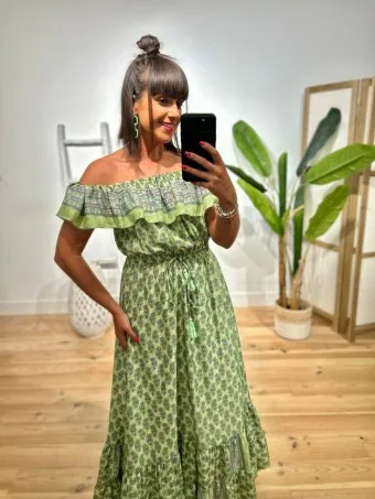 Vestido Bardot Estampado RHOUTTE Verde