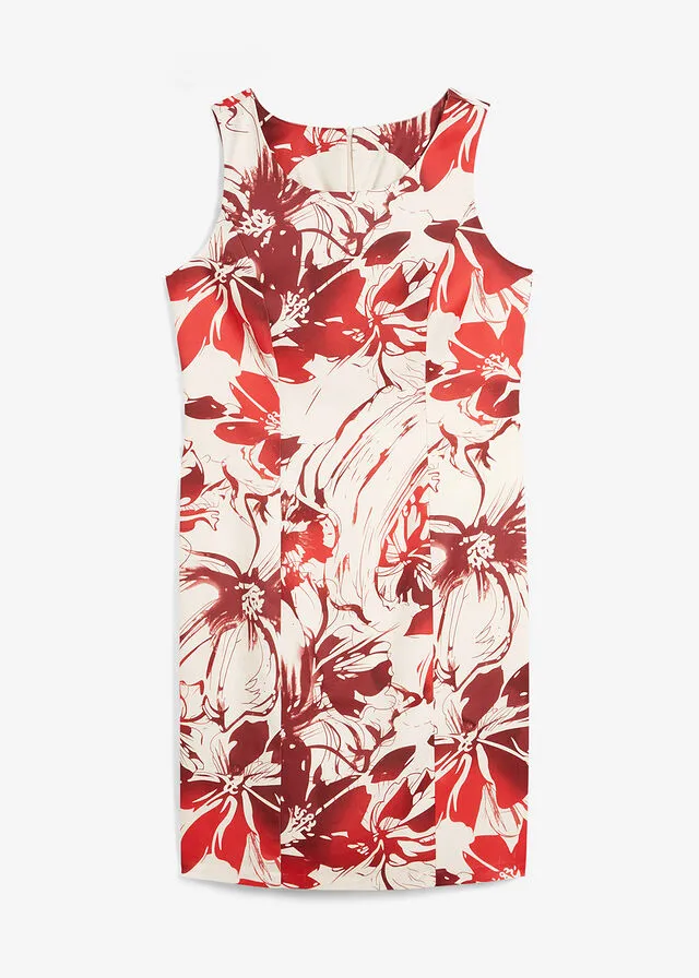 VESTIDO DE TUBO BEIGE NATURALROJOFRESAROJO CASTAñO CON FLORES