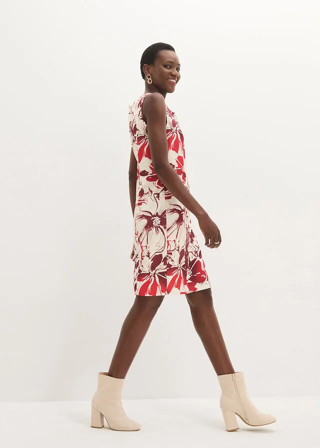 VESTIDO DE TUBO BEIGE NATURALROJOFRESAROJO CASTAñO CON FLORES
