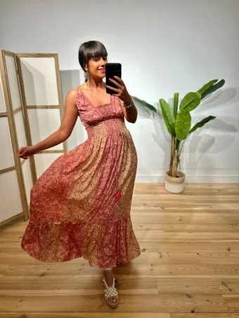 Vestido Nido de Abeja Estampado SYAHARA Coral