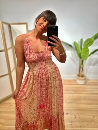 Vestido Nido de Abeja Estampado SYAHARA Coral