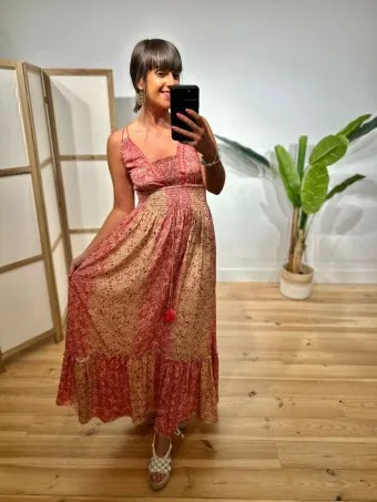 Vestido Nido de Abeja Estampado SYAHARA Coral