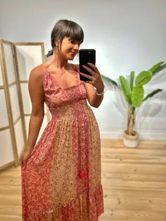 Vestido Nido de Abeja Estampado SYAHARA Coral