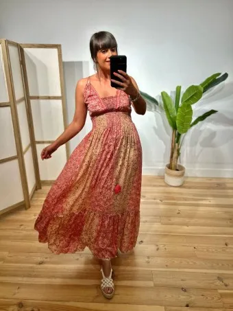 Vestido Nido de Abeja Estampado SYAHARA Coral
