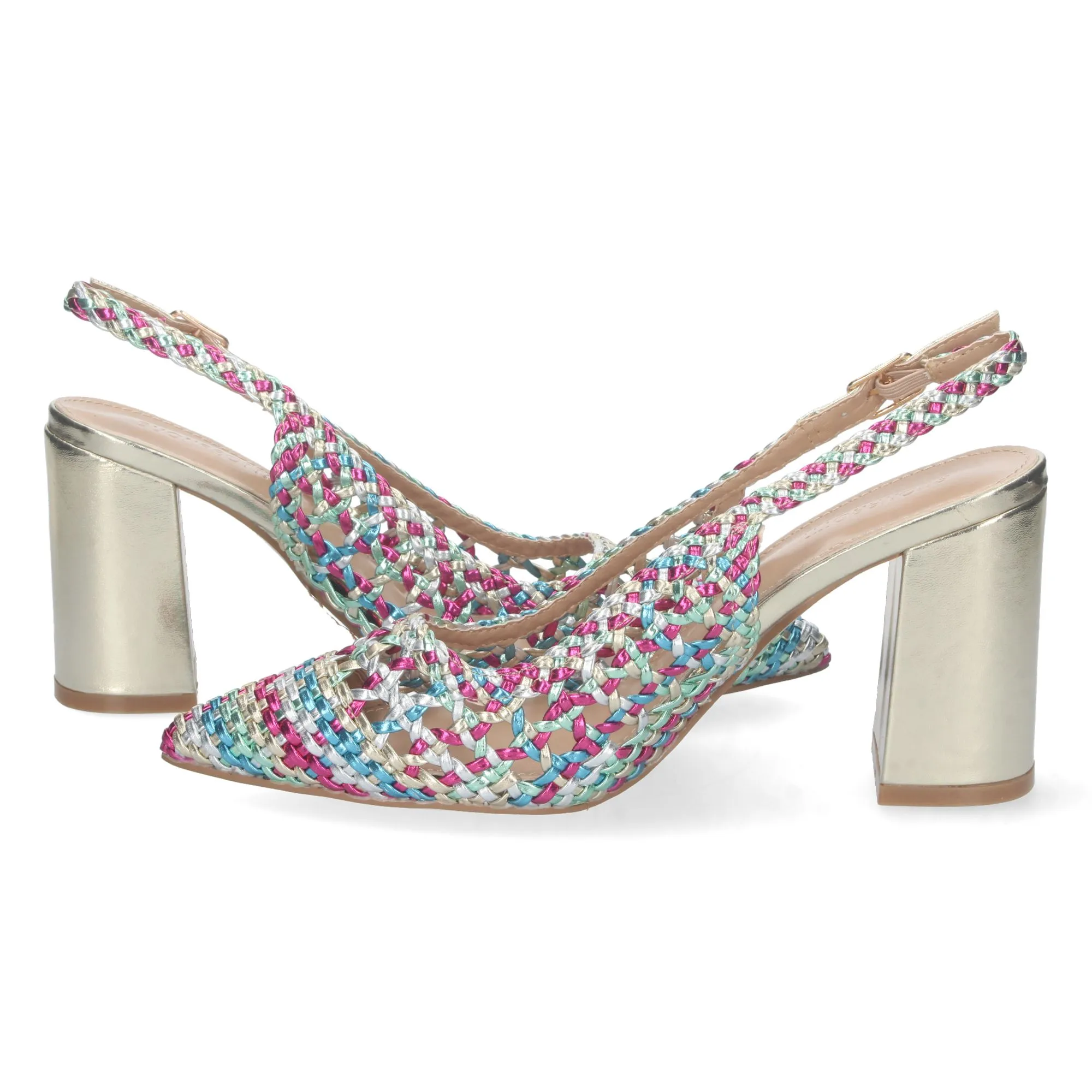 ZAPATOS DORADOS DE TACóN ANCHO DE VESTIR ENTRELAZADO HA2347